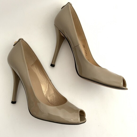 Stuart Weitzman Heels Women Size 7.5 Beige Patent Leather Peep-toe Pumps - Picture 5 of 12